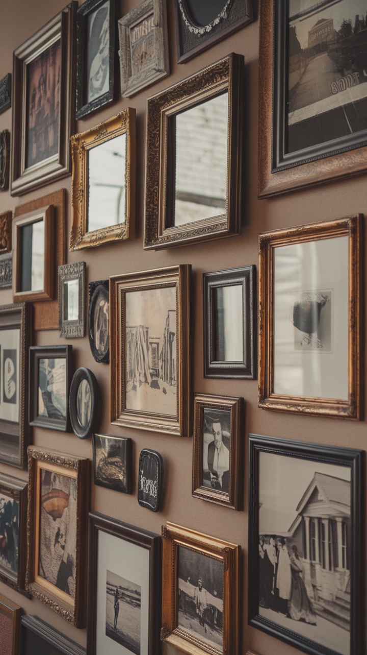 Step back in time with this captivating vintage gallery wall, a curated collection of nostalgic black and white photographs and eclectic frames that whisper tales of bygone eras. The artful asymmetry and mix of ornate gold, rustic wood, and sleek black frames create a dynamic display, breathing life and character into any space. A symphony of memories, perfectly framed.