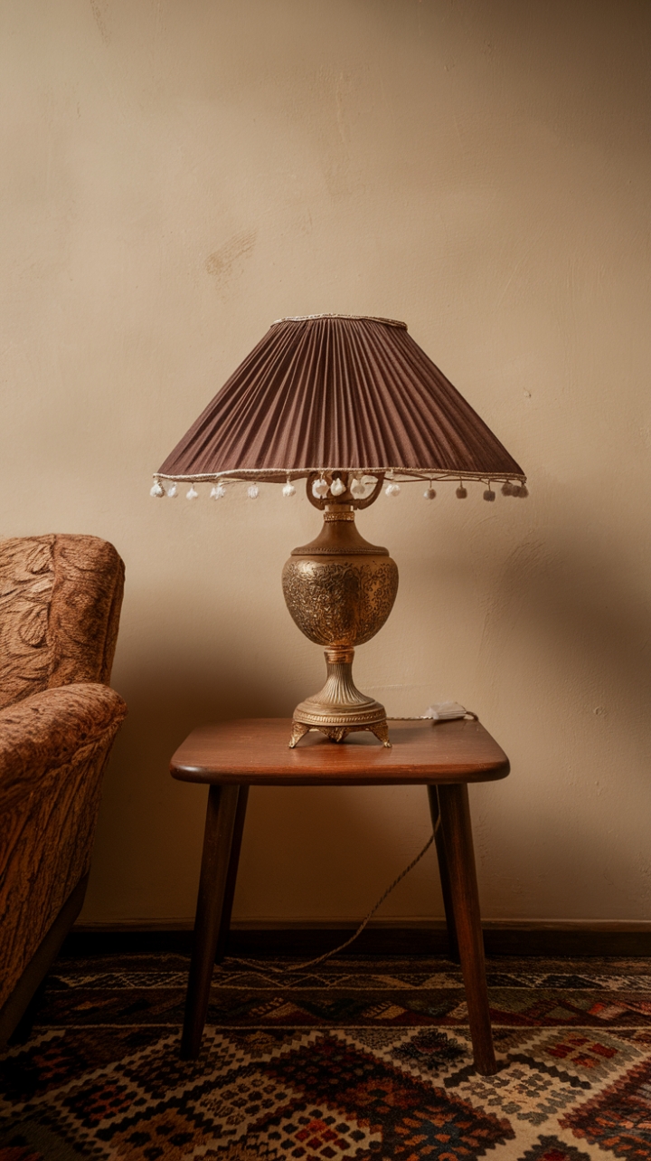 Ready for a touch of timeless elegance? This inviting corner, bathed in the warm glow of a vintage lamp, whispers stories of cozy evenings and curated style. The rich brown lampshade casts a soft, inviting light, highlighting the lamp's graceful golden base and the beautiful grain of the wooden table it rests upon. Against the calming beige wall, the patterned rug adds a layer of texture and visual interest, grounding the space with its subtle charm. It's a vignette that feels both classic and current, a perfect example of how a single, well-chosen piece can define the mood of a room.