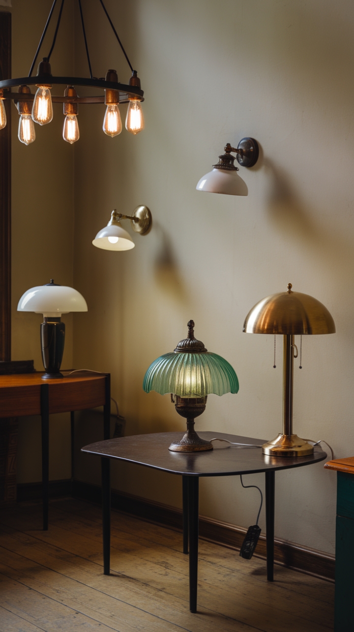 Ready for a little lighting inspiration? This room is a masterclass in creating warmth and character with vintage lamps. A multi-bulb chandelier casts a soft glow over the central table, where a charming lamp with a green glass shade adds a pop of color. Beside it, a brass-shaded lamp brings a touch of classic elegance. Even the walls get in on the act with a stylish white-shaded lamp. The rich wooden floor and calming beige walls provide the perfect backdrop for this curated collection of luminous treasures.