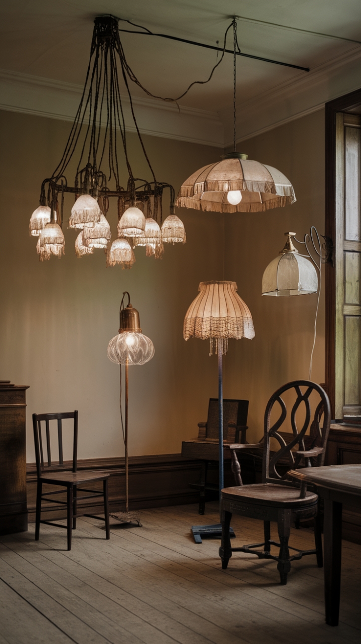 Step into a captivating vintage sanctuary where history and craftsmanship intertwine. An eclectic chandelier, composed of multiple lamps with frayed cords, casts a warm, nostalgic glow overhead, evoking stories of bygone eras. Nearby, a variety of antique lamps showcase an array of textures and materials—soft fabric, shimmering glass, delicate paper, and sleek metal—each adding its own unique character to the space. The rich wooden floor grounds the room’s timeless charm, complemented by carefully chosen furniture pieces, including a classic chair and a simple table, all set against beige walls that serve as a perfect neutral backdrop. This space invites exploration and appreciation of vintage artistry, creating a cozy yet intriguing ambiance that celebrates the beauty of aged elegance.