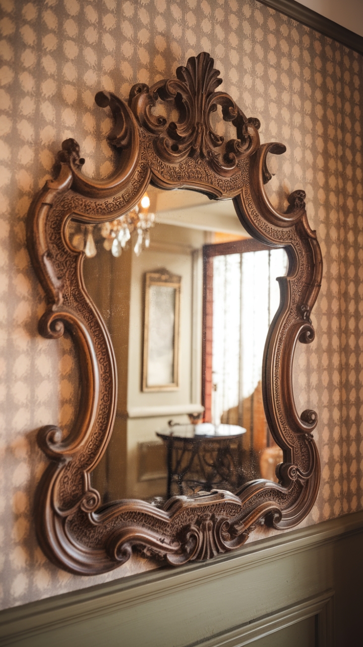 More than just a mirror, this antique beauty is a statement piece. The exquisitely carved wooden frame is a testament to artistry, while the warm hues of the surrounding room create an inviting atmosphere. Imagine catching your reflection in this piece of history, surrounded by the soft light of a chandelier and the quiet elegance of classic décor. This is more than a reflection; it's a glimpse into a world of timeless charm.