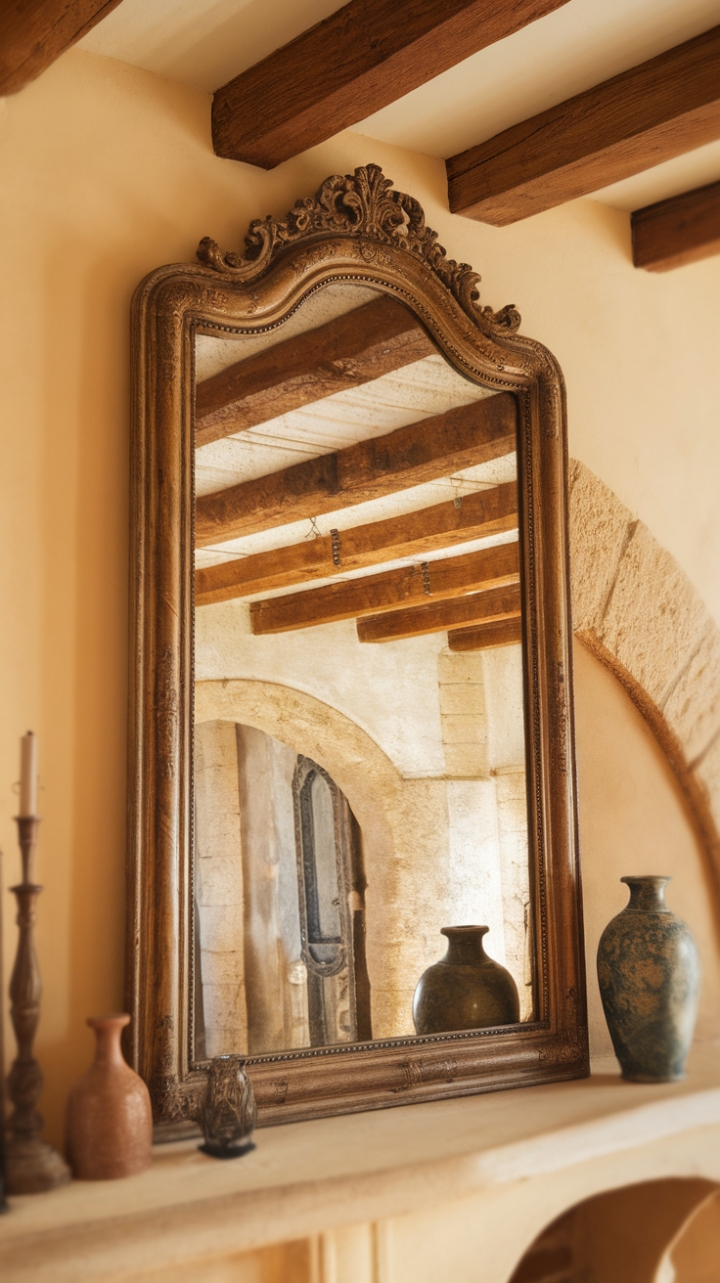 Bathed in golden light, this antique mirror, its ornate frame a testament to bygone elegance, anchors a space where rustic charm meets refined sophistication. The aged stone archway and exposed wooden beams whisper tales of history, while carefully chosen accents—a delicate vase, a flickering candlestick—add layers of personality to this captivating vignette.
