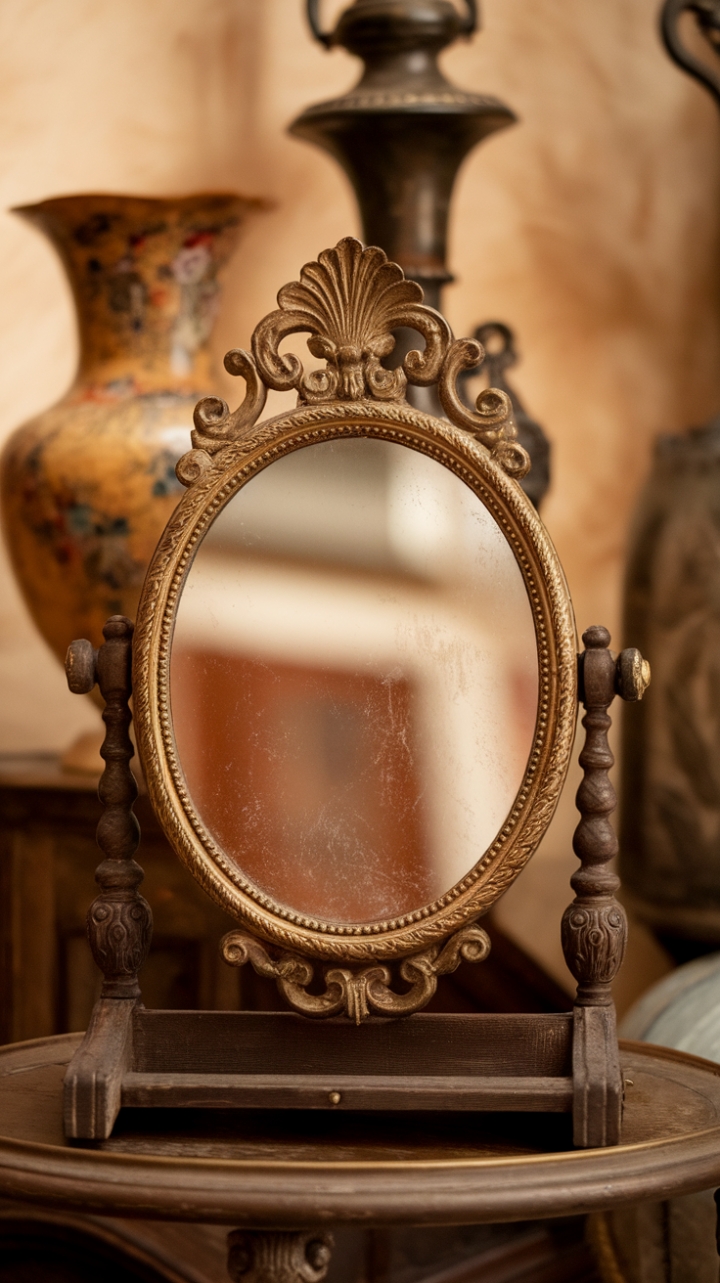 Uncover a treasure trove of vintage charm with this stunning antique mirror. Its richly detailed gold frame commands attention, while the weathered wooden stand lends a touch of nostalgic warmth. Paired with classic decorative accents, this piece effortlessly elevates any space with its captivating blend of history and style.