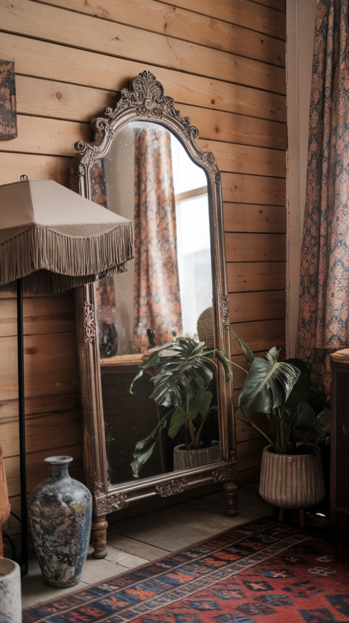 A captivating vintage mirror with an intricately carved antique frame commands attention against a warm wooden wall, its reflective surface adding depth and charm. Beside it, a fringed lampshade casts a soft, inviting glow, enhancing the room’s nostalgic ambiance. The eclectic decor features a richly patterned rug, a lush potted plant, and carefully curated accents like a delicate vase and a tiny painting, all harmonizing within a space that celebrates timeless elegance. The window dressed in patterned curtains filters gentle light, completing this cozy, character-filled retreat.