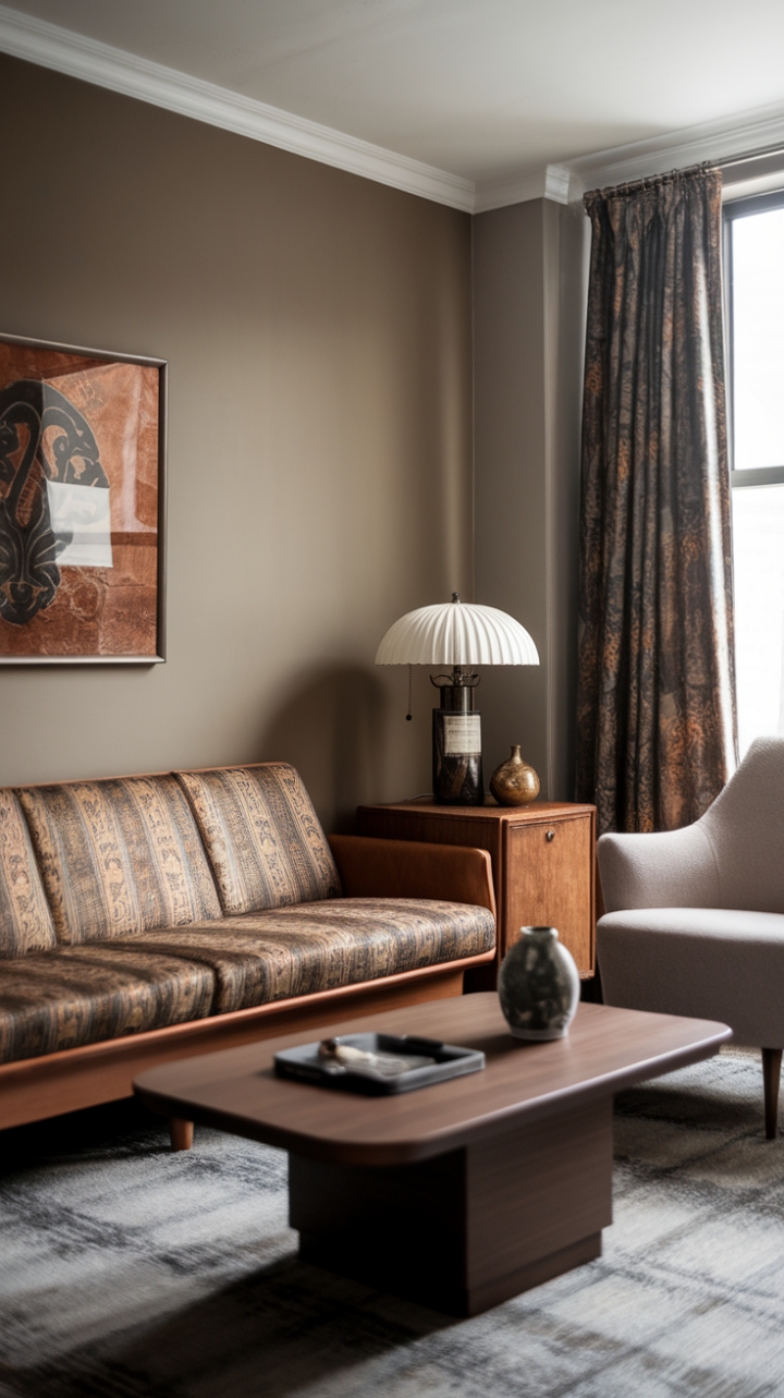 Step back in time, yet forward into style. This living room masterfully blends mid-century modern lines with vintage-inspired patterns and contemporary flair. The result? A space that's effortlessly chic and undeniably captivating. The perfectly chosen color palette, statement sofa, and curated vintage accents create a retro-modern haven you'll never want to leave.