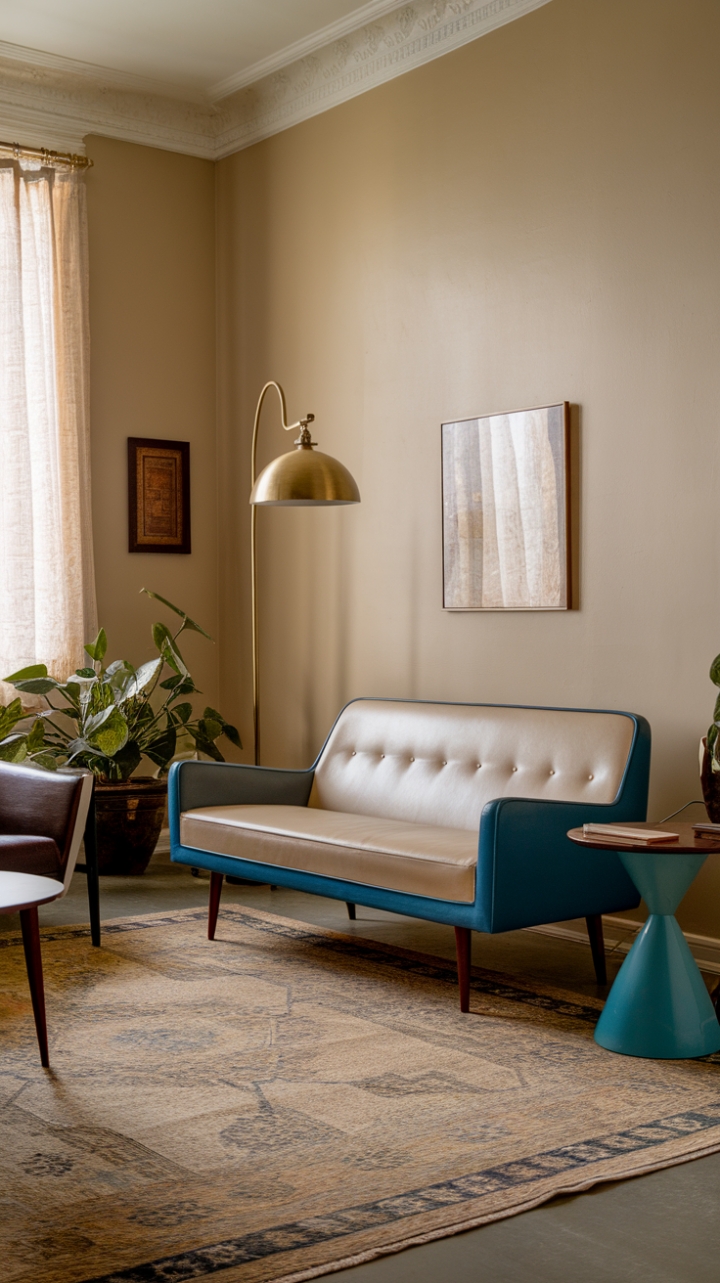 A captivating blend of vintage charm and modern sophistication, this room exudes timeless elegance. The beige and blue mid-century modern sofa invites relaxation, complemented by a vintage-inspired brass-shaded lamp that adds warm, nostalgic glow. The contemporary retro side table introduces a playful yet refined touch, while the soft beige walls create a serene backdrop. A lush potted plant breathes life into the space, and the large patterned rug anchors the room with its intricate design, weaving together the vintage decor with a modern classic aesthetic.