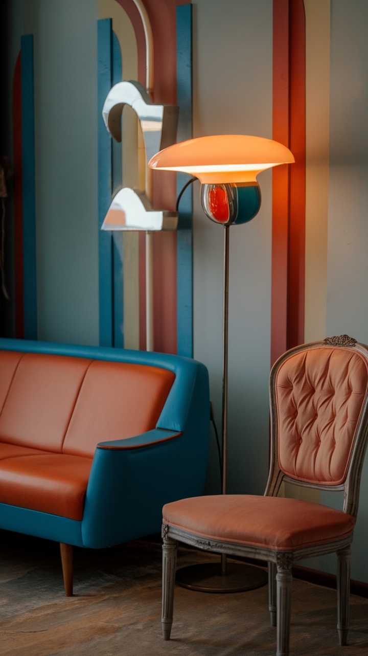 A captivating blend of vintage charm and modern sophistication, this room exudes a retro-modern vibe. The vibrant orange and blue mid-century sofa anchors the space with bold color and sleek lines, while a contemporary retro lamp adds a chic, nostalgic glow. A vintage-inspired chair with a modern antique flair complements the eclectic aesthetic, creating a harmonious balance between past and present. Vintage decor accents throughout the room enhance its timeless appeal, making it a stylish sanctuary that celebrates both history and contemporary design.