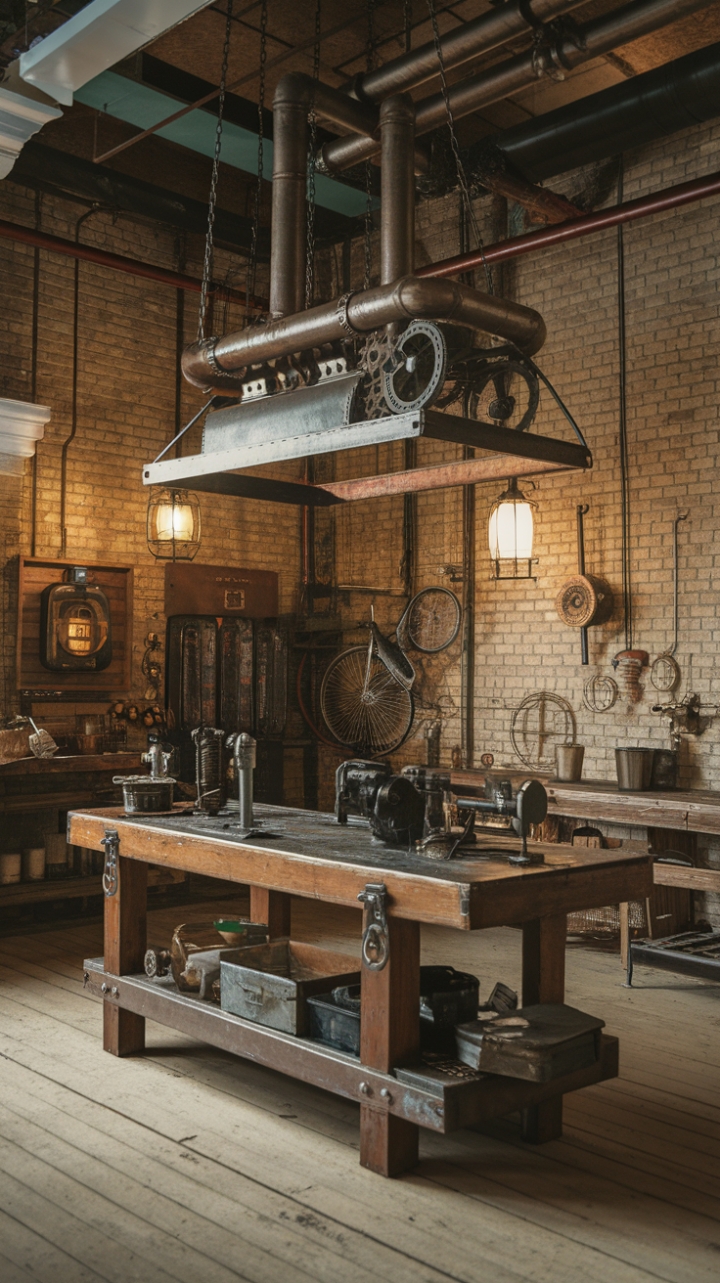 Step into a world where raw industrial grit meets refined steampunk romance. This vintage workshop, a symphony of exposed brick, reclaimed wood, and gleaming metal, pulsates with the heart of forgotten ingenuity. A colossal workbench, laden with tools and whispering tales of bygone craftsmanship, anchors the space, while a mesmerizing metallic sculpture, a dance of pipes and gears, hangs overhead, a testament to the era's inventive spirit. Lanterns cast a warm glow, illuminating the eclectic collection of artifacts, including a vintage bicycle, adding layers of character and charm to this captivating space.