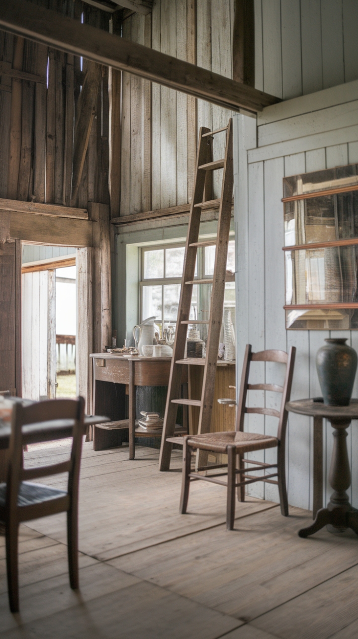 A charming vintage farmhouse exudes warmth and nostalgia, where rustic charm meets farmhouse chic. Inside, antique wooden furniture, including a weathered chair and a quaint table adorned with a delicate vase, creates an inviting atmosphere. Shabby chic walls reveal textured wood panels that tell stories of bygone days, while a rustic ladder leans casually against the wall, adding to the barnyard aesthetic. The warm wooden floors anchor the space, enhancing its rural allure and timeless appeal. This home captures the essence of countryside living with a sophisticated, yet cozy, farmhouse vibe.