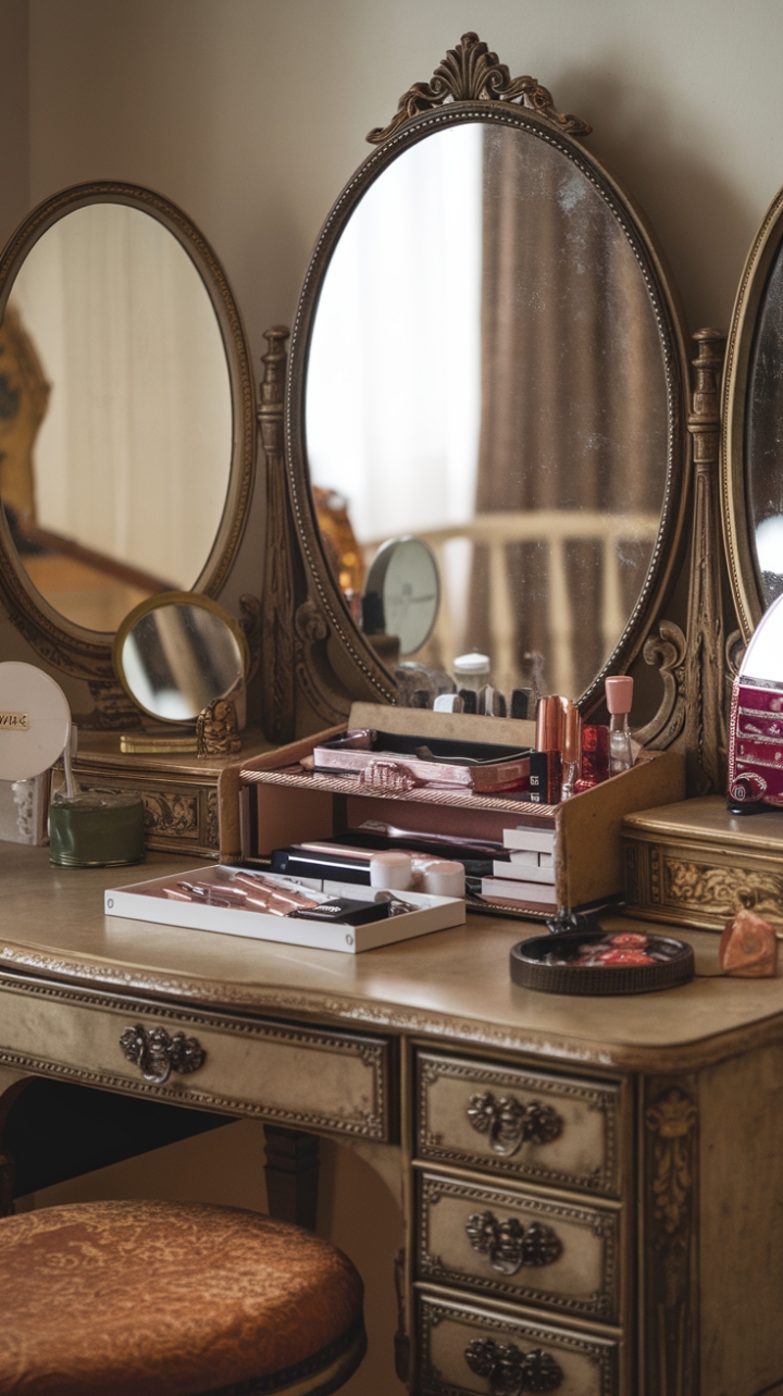 A captivating vintage vanity exudes timeless glamour, featuring an ornate dressing table adorned with a classic mirror that reflects nostalgic elegance. The retro makeup station invites moments of indulgence, while a vintage jewelry box adds a touch of refined charm. The antique beauty console, complete with a vintage cosmetic mirror, creates a glamorous retro glam station that celebrates both history and style.