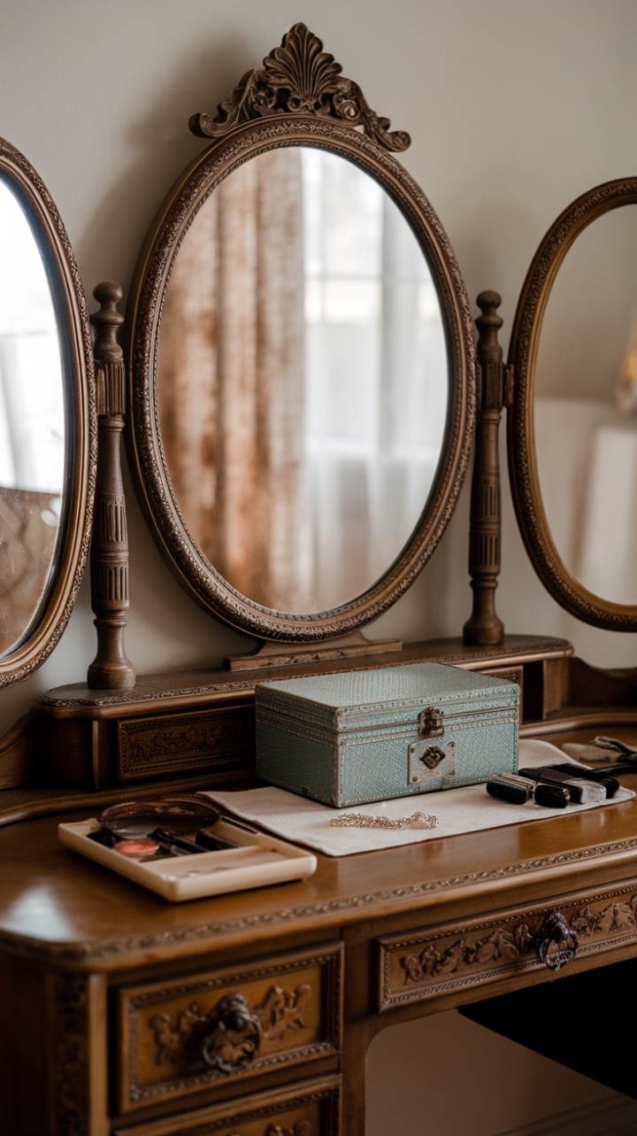 Step back in time with this glamorous vintage vanity, its ornate mirror reflecting a bygone era of Hollywood elegance. Atop sits a jewel-toned treasure chest, hinting at the secrets and sparkle held within. Prepare for your close-up in retro-chic style.