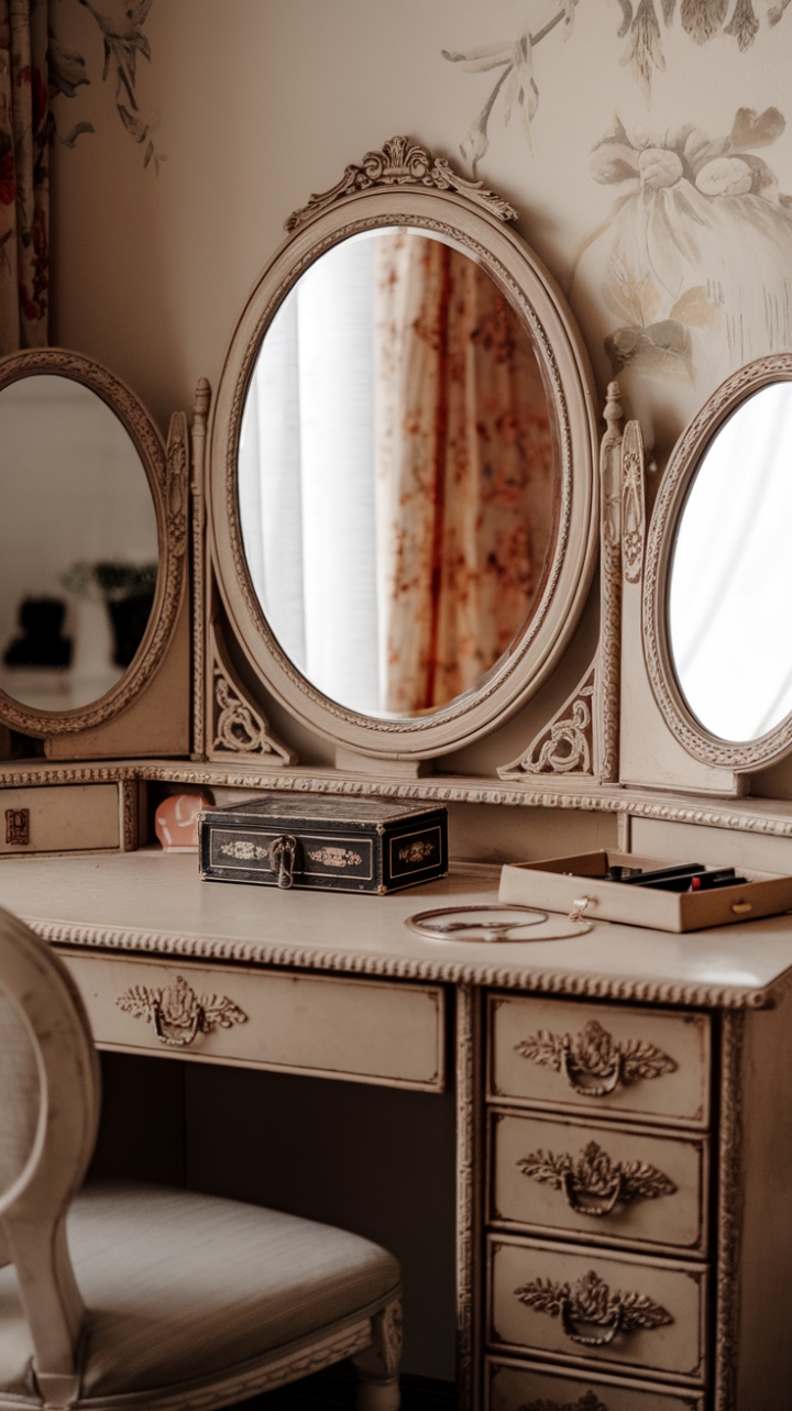 Ready for a little time travel? This isn't just a vanity, it's a portal to an era of true glamour. Imagine yourself seated at this exquisite antique dressing table, a beauty console whispering tales of bygone elegance. The ornate furniture, the classic vanity mirror reflecting a softer light, and that charming vintage jewelry box – each piece a treasure. This retro glam station is more than just a place to get ready; it's an invitation to embrace a touch of vintage magic in your everyday.