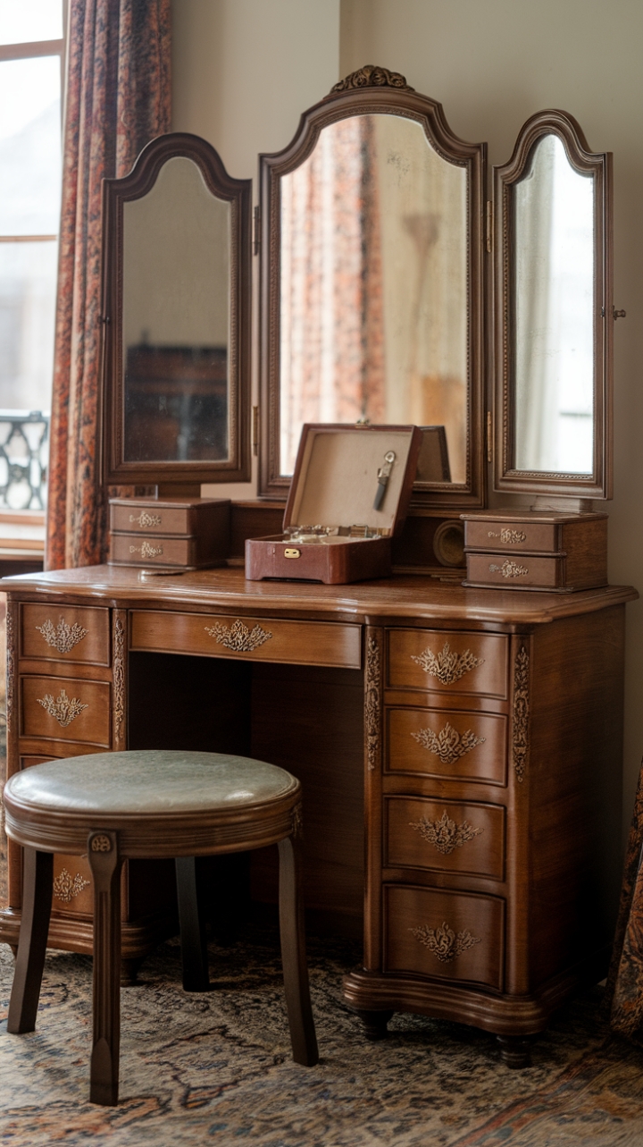 Step into Old Hollywood glamour with this exquisite vintage vanity set. The richly hued wood, ornate detailing, and perfectly placed antique jewelry box whisper tales of bygone elegance. A sunlit room and patterned rug complete the scene, creating a haven of sophisticated beauty. Prepare to be transported.