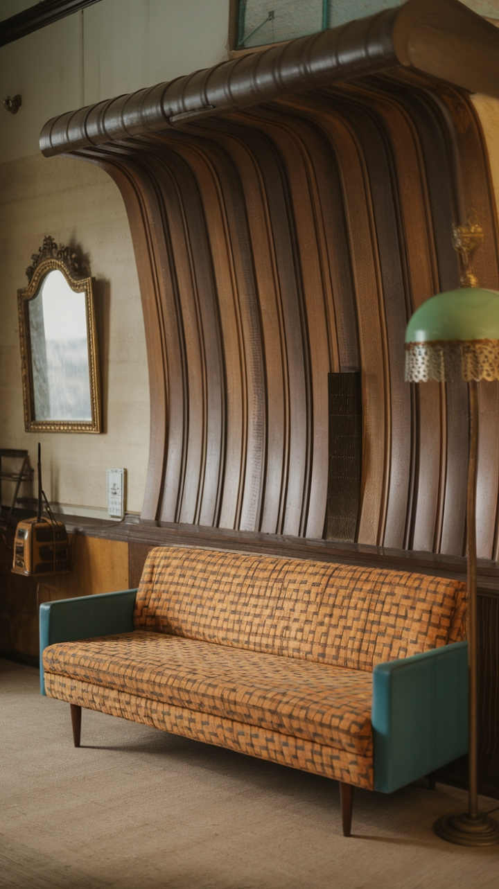 Dive into a world of vintage allure, where a stunning mid-century sofa takes center stage in a room brimming with character. The unique curved wall, adorned with warm wood paneling, creates an intimate and inviting atmosphere, perfectly complemented by the eclectic mix of antique accents and a playful pop of color. This is retro redefined, a space that whispers stories of elegance and timeless design.