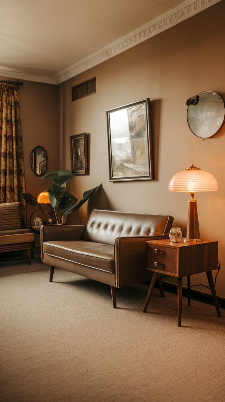 A charming sanctuary that seamlessly blends vintage allure with mid-century modern sophistication. The inviting beige walls serve as a warm backdrop for carefully curated antique decor, including a timeless vintage lamp and a striking painting that adds a splash of personality. The cozy beige carpet grounds the space, while the wooden side table offers a touch of natural warmth. The mid-century modern sofa invites relaxation, complemented by a lush green plant that breathes life into the room. A stylish mirror enhances the sense of space and light, all illuminated by soft, warm lighting that creates an inviting, nostalgic ambiance.