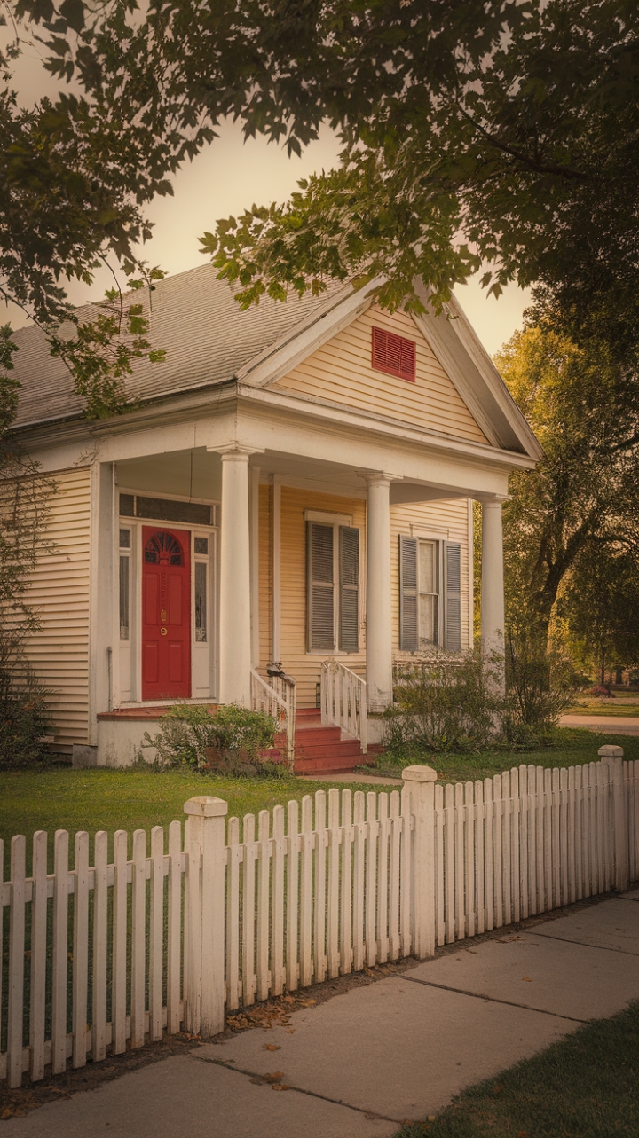 A charming vintage home exudes timeless appeal with its vibrant red door and classic white columns, set against a lush green lawn and a quaint white picket fence. The warm, golden glow bathes the scene in inviting light, while towering trees and a peaceful sidewalk create a picture-perfect backdrop that radiates cozy, nostalgic elegance.