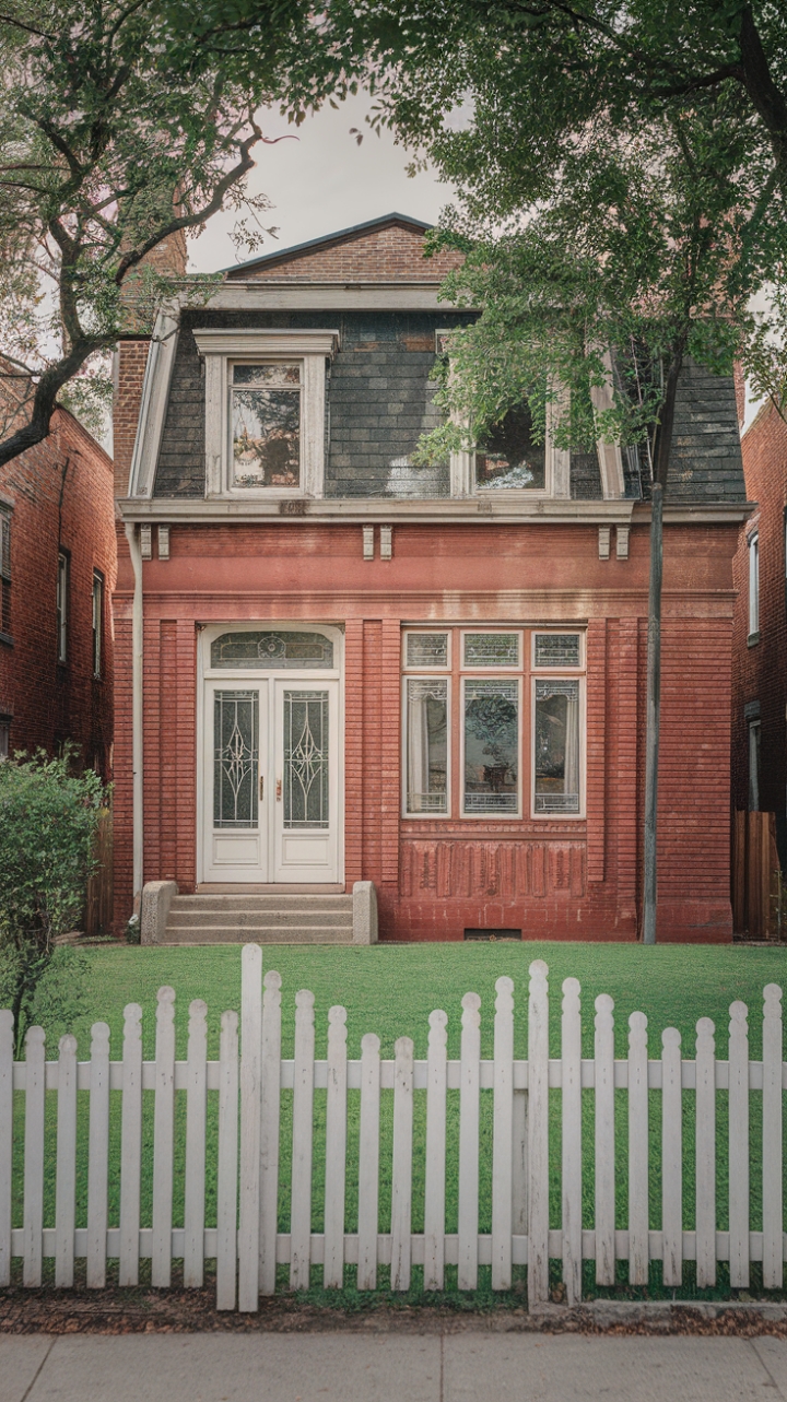 Step into timeless elegance with this meticulously preserved vintage home. The rich red brick, pristine white picket fence, and lush green lawn create a picture of idyllic charm, while the detailed glass-paned door hints at the captivating interiors within. Every detail, from the mature trees to the flawlessly maintained exterior, speaks to a legacy of refined living.