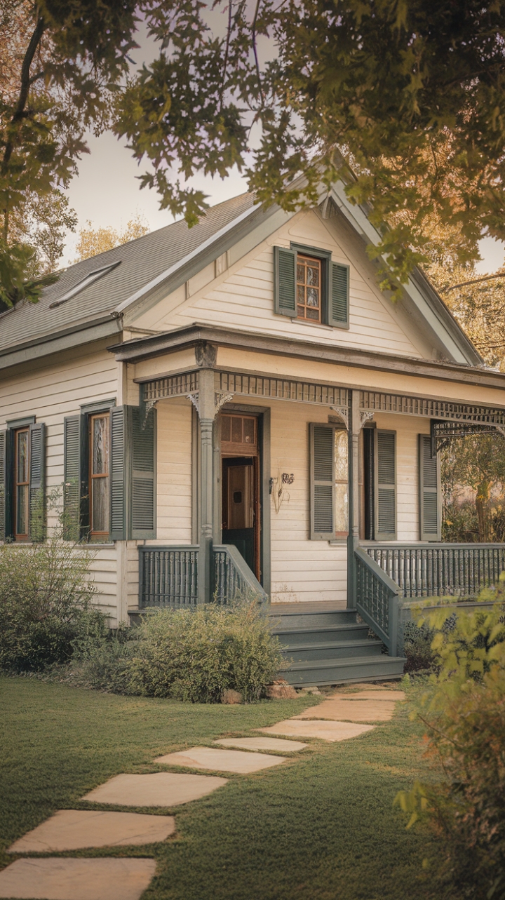 Step into a timeless haven where vintage charm meets modern comfort. This meticulously restored home whispers stories of bygone eras with its classic white façade, dark green shutters, and inviting porch, all nestled amidst a vibrant tapestry of lush greenery. The antique details, from the decorative woodwork to the traditional architecture, create an atmosphere of serene elegance. A stone pathway beckons you towards a front door promising warmth and captivating interiors.
