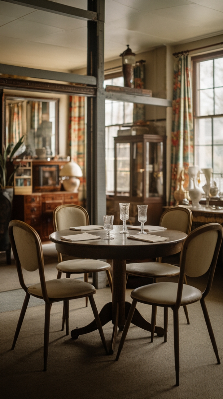 Ready for a trip back in time? This dining room is a love letter to the past, where every detail tells a story. Imagine gathering around this antique table, set with vintage charm, the classic chairs inviting you to linger. The air is thick with nostalgia, a warm and welcoming ambiance that makes every meal feel like a special occasion. It's a space where vintage furniture finds its perfect home, creating a dining experience that's both beautiful and deeply comforting.