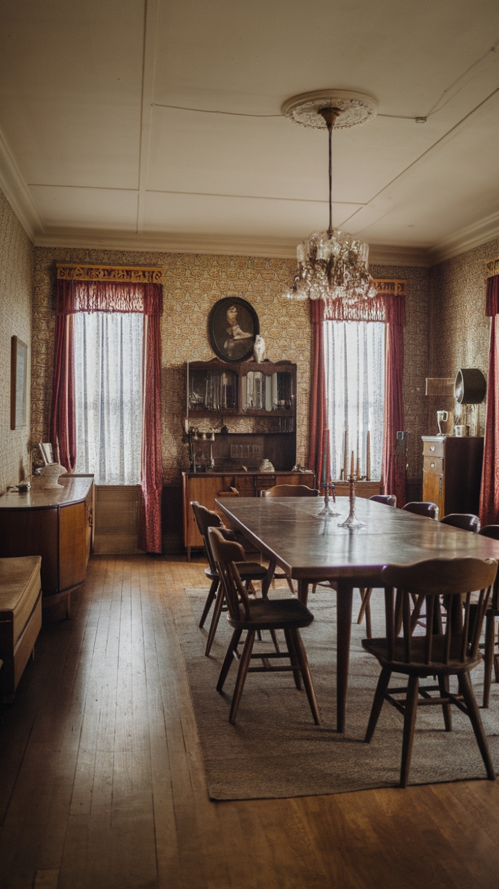 Indulge your love for retro charm in this exquisitely styled dining room. A magnificent chandelier casts a warm light on a long, antique wooden table and coordinating chairs, all set against a backdrop of captivating patterned wallpaper. Vintage furniture pieces, including a beautiful sideboard and cabinet, complete the nostalgic scene, promising unforgettable evenings filled with laughter and conversation.