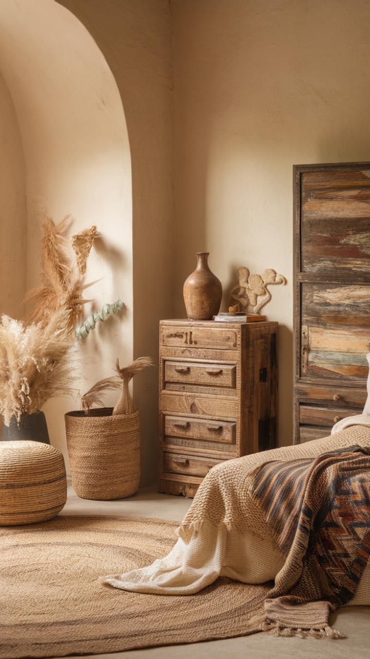 Ready to escape to a cozy, vintage dream? This bedroom is a bohemian haven, where rustic charm meets natural beauty. Antique furniture crafted from reclaimed wood tells a story, while textured textiles like a woven rug and patterned throw invite you to sink in and relax. Bathed in soft, warm light against a backdrop of calming beige walls, this space is a true sanctuary.
