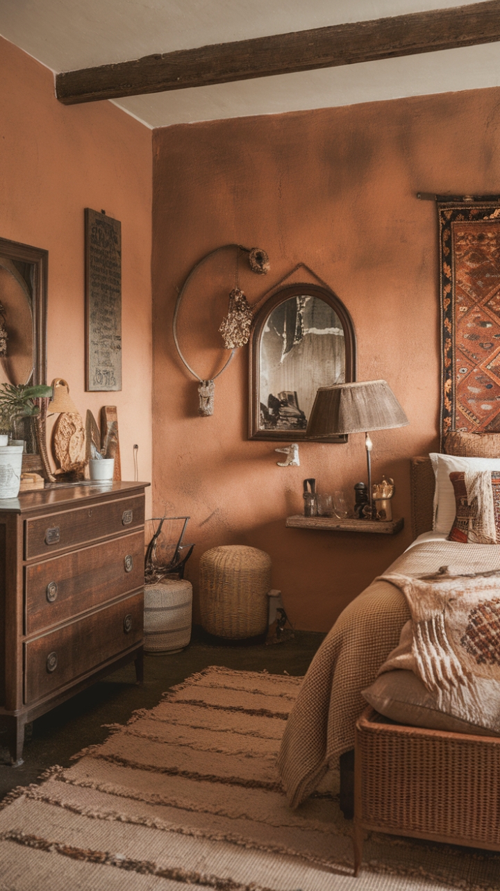 A captivating vintage sanctuary that exudes warmth and character, this earthy bohemian bedroom combines rustic charm with retro flair. Antique wooden furniture, including a charming dresser and a sturdy bed frame, anchors the space with timeless appeal. Walls are decorated with a curated mix of vintage mirror, eclectic art, and a cozy lamp, creating an inviting gallery of personal style. The textured textile rug underfoot adds depth and tactile comfort, while the natural color palette of warm tones and earthy hues fosters a soothing, lived-in atmosphere. This room is a perfect retreat for those who cherish nostalgic elegance infused with bohemian spirit.