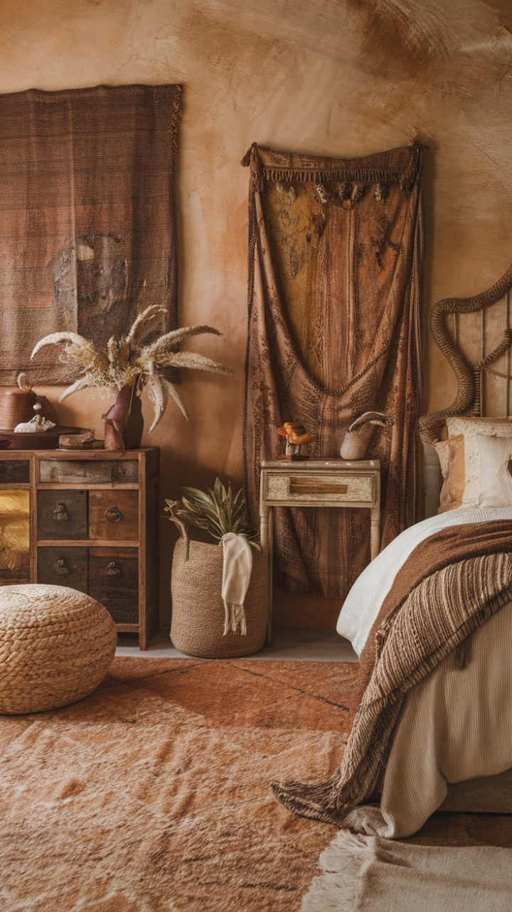 Escape to a haven of bohemian bliss. This rustic bedroom, bathed in warm, earthy tones, whispers tales of vintage charm and handcrafted artistry. Reclaimed wood furniture, plush textures, and captivating artwork create an atmosphere of unparalleled comfort and inviting warmth.