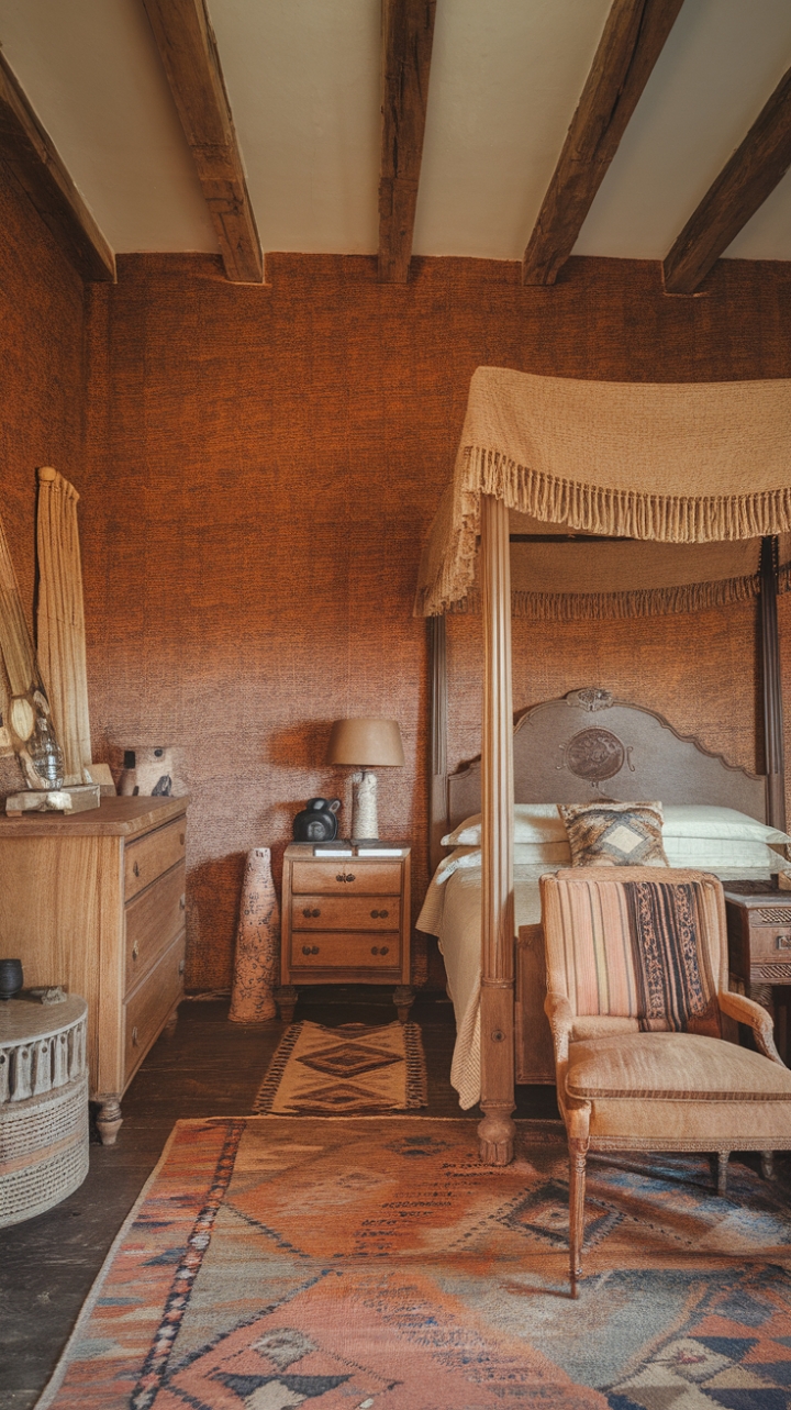 Escape to tranquility in this bohemian haven, where rustic charm meets modern comfort. A vintage four-poster bed, draped in textured fabric, takes center stage beneath exposed wooden beams. Antique furnishings and richly patterned textiles create a warm, earthy sanctuary, perfect for unwinding after a long day. The eye-catching wall covering and patterned rug add layers of captivating detail, transforming this bedroom into a true bohemian masterpiece.
