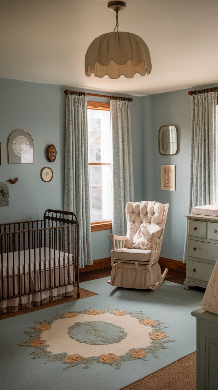 Embrace the enchantment of yesteryear in this retro nursery, a haven of nostalgic charm and classic design. Antique furniture, including a vintage crib and rocking chair, takes center stage against a backdrop of soothing blue. Every detail, from the delicate curtain to the carefully chosen rug, speaks to a bygone era, creating a space brimming with timeless appeal and heartwarming memories.