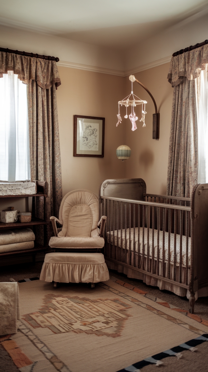 Step into this enchanting vintage nursery, where timeless charm and nostalgic elegance converge. The classic spindle crib, paired with an inviting rocking chair and a charming changing table, evoke a bygone era of gentle comfort. A shabby chic nursery rug adds a soft, textured layer beneath, while whimsical vintage mobile and thoughtfully framed artwork adorn the walls, creating a cozy, storybook atmosphere. This space captures the warmth of cherished memories, transforming everyday moments into timeless treasures.