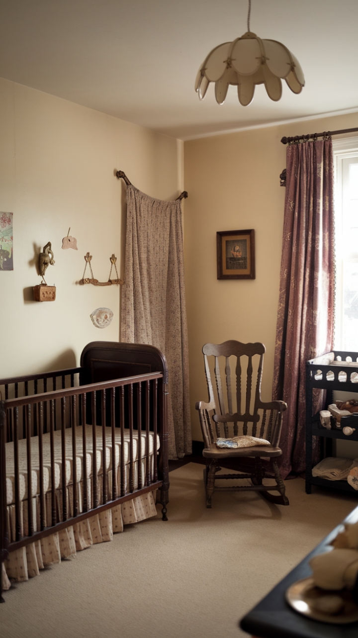 Embrace the enchantment of yesteryear in this exquisitely styled retro nursery. Every piece, from the beautifully preserved crib to the shabby-chic changing table, tells a story. Soft lighting, delicate curtains, and a curated collection of vintage toys complete the scene, creating a space that's both stylish and deeply sentimental. A perfect blend of old-world charm and modern comfort, this nursery is a dream come true.