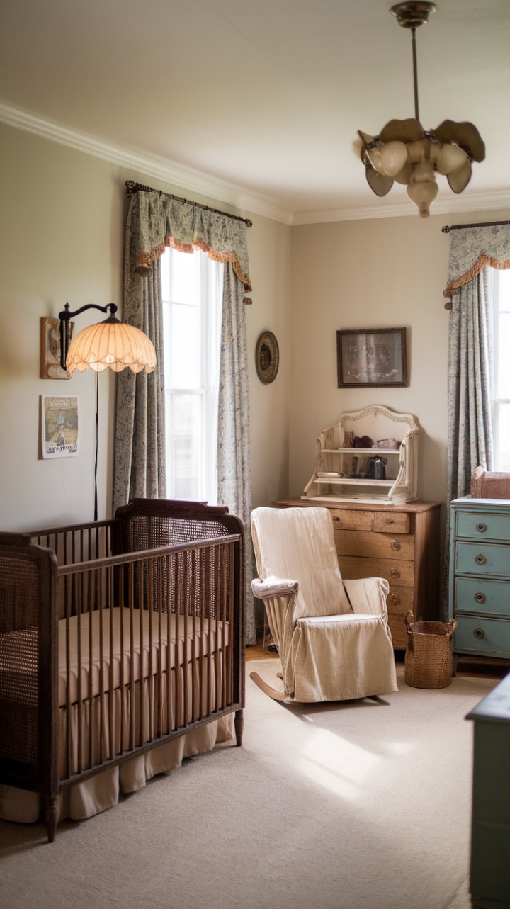 Step back in time with this charming vintage nursery, where antique crib and woven textures whisper tales of bygone eras. A symphony of shabby chic details, from the retro baby chair to the delicately shaded lamp, creates a space brimming with nostalgic charm and gentle warmth. Every piece, from the rocking chair to the dresser, tells a story, inviting sweet dreams and cherished memories.