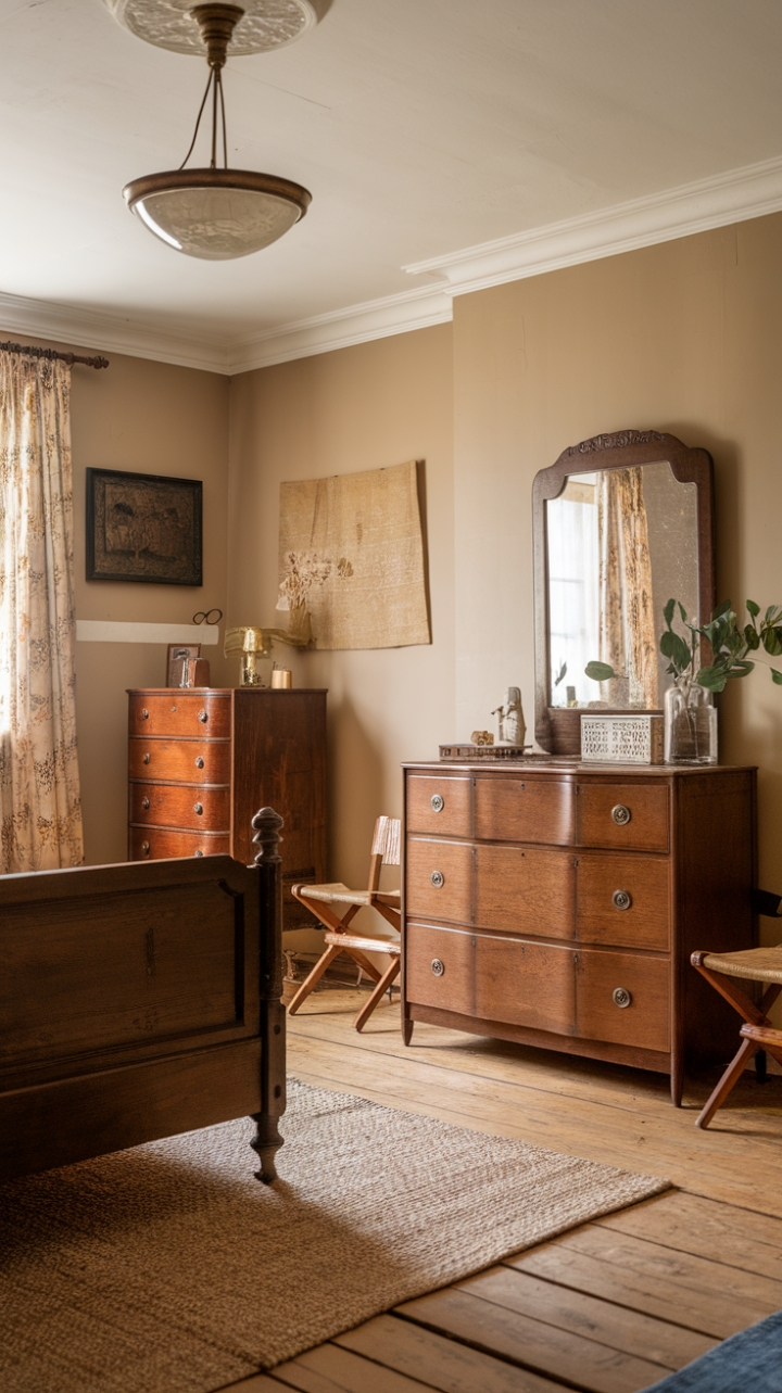 Ready for a bedroom that whispers stories of the past? This space is a love letter to vintage charm, where a beautiful antique wooden bed rests on a textured woven rug, grounding the room in rustic elegance. A classic wooden dresser with a graceful mirror holds court, displaying curated treasures that add to the nostalgic feel. The soft beige walls and a vintage-inspired light fixture cast a warm glow, highlighting the character of the wooden plank floors. It's a room that feels both lived-in and loved, a true heritage haven.