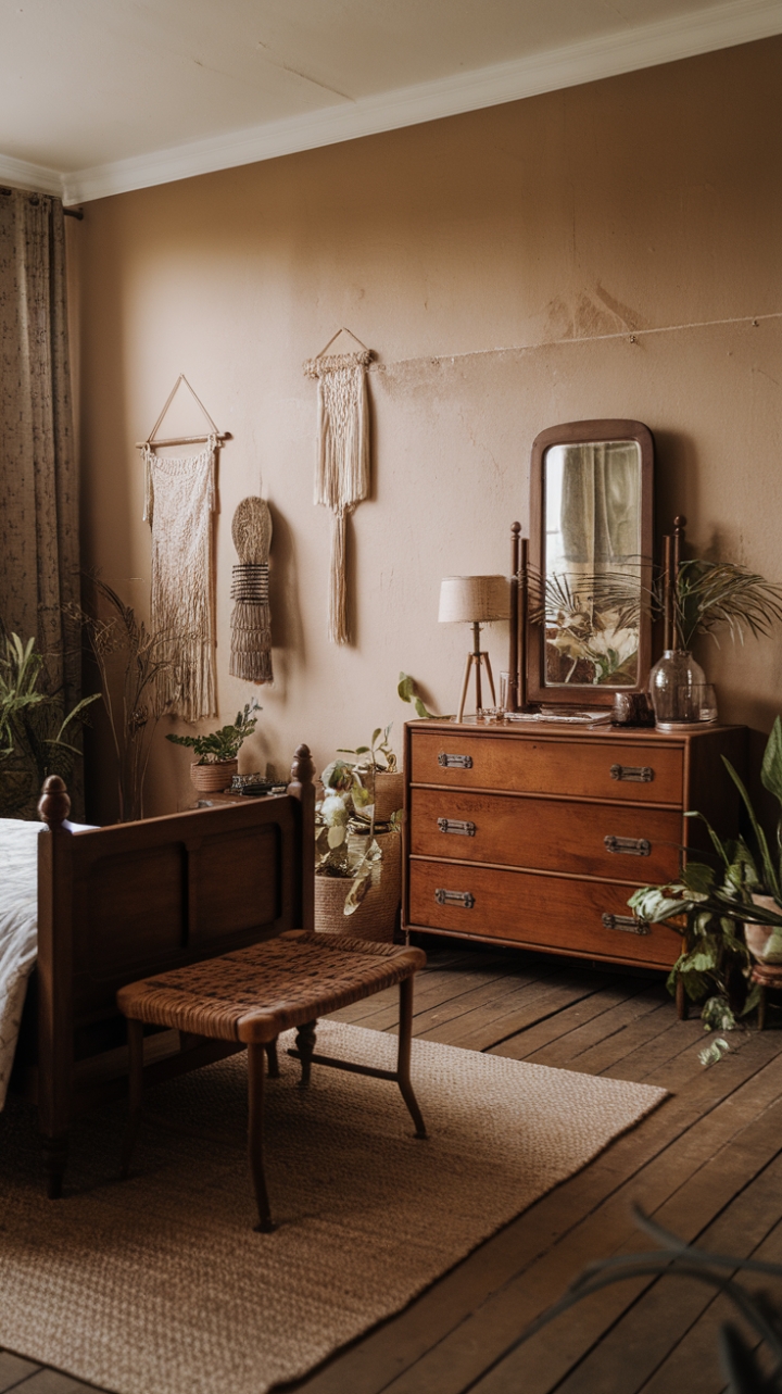 Step into a haven of rustic charm and vintage serenity. This bedroom's soft lighting, wooden floors, and woven textures create an atmosphere of nostalgic comfort, perfect for unwinding after a long day. The antique wooden bed, complemented by a rustic dresser and thoughtfully placed greenery, whispers tales of bygone eras, inviting you to embrace a simpler, more peaceful existence.