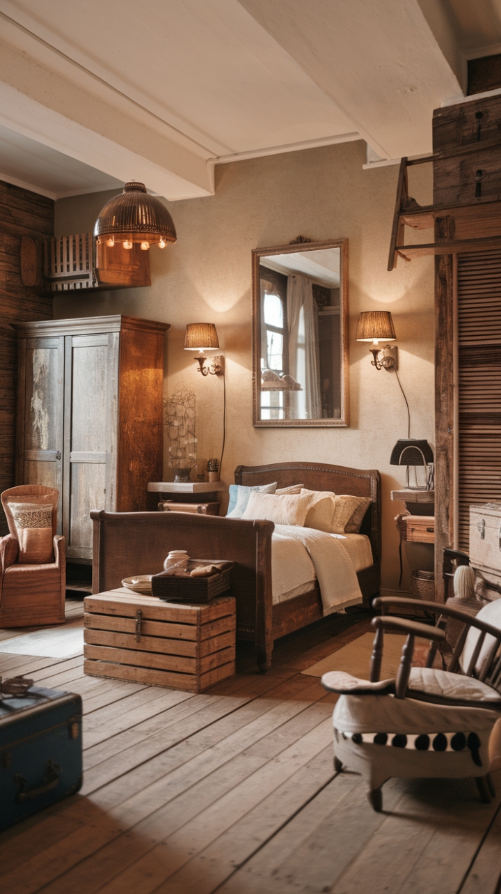 Step into a charming vintage retreat where rustic warmth and nostalgic elegance intertwine. The rich wooden floors and antique furnishings evoke a sense of timeless comfort, while the soft glow of vintage lamps casts a cozy ambiance. A beautifully crafted wooden bed, complemented by a collection of vintage suitcases and a rustic wooden chair, creates a layered, inviting space. The large mirror and thoughtfully placed decorative items—like the wooden crate and plush pillows—add character and charm. Earthy tones of white, beige, and natural wood harmonize to craft a serene sanctuary that whispers stories of bygone eras and timeless style.