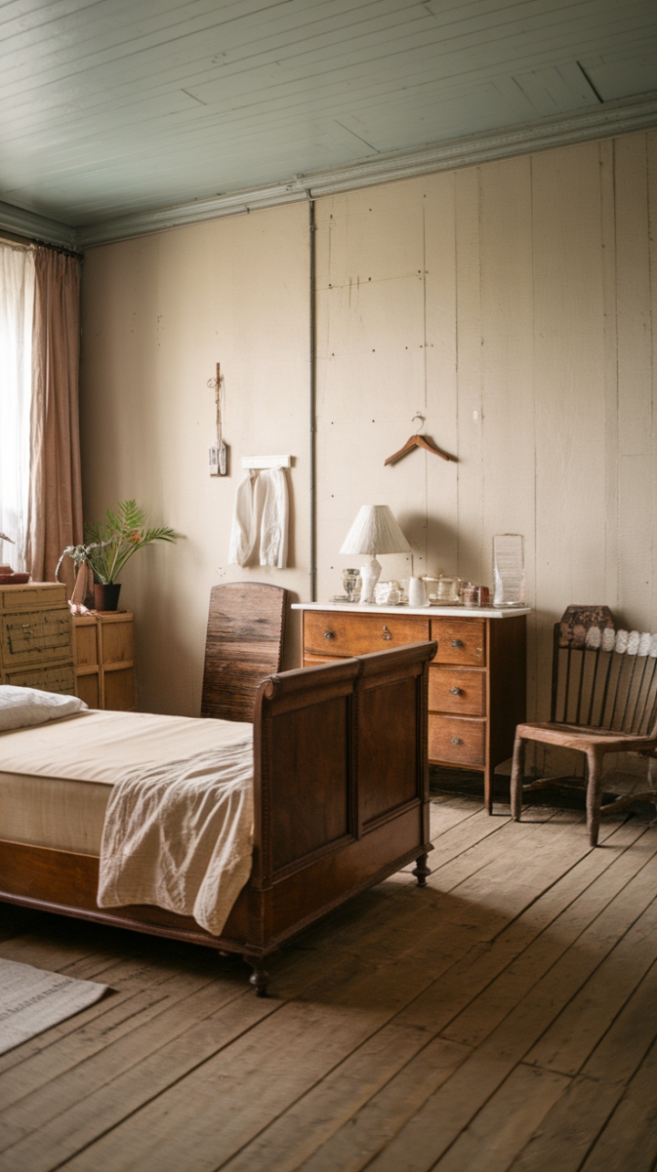 A charming vintage bedroom exudes rustic nostalgia with its warm wooden floors and softly hued walls. The antique wooden bed, dressed in crisp white linens and a cozy beige blanket, invites restful serenity. Nearby, a vintage dresser with multiple drawers adds character, complemented by a simple white lampshade that casts a gentle glow. A rustic chair, nestled close to the bed, offers a cozy nook accented by a small lush plant, bringing a touch of life to the space. Subtle details like exposed nails on the walls, a classic wooden hanger, and a delicate white curtain enhance the room’s nostalgic charm, creating a warm, inviting retreat that whispers stories of yesteryear.