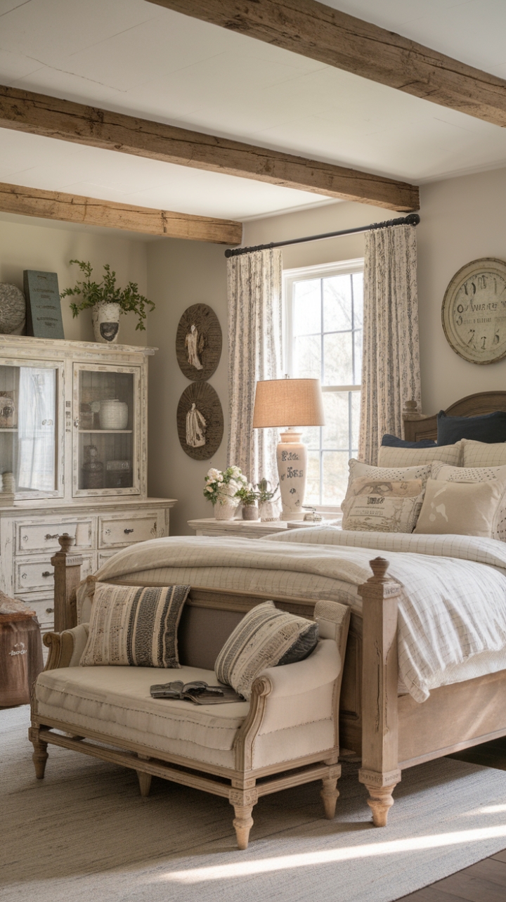Ready to escape to a simpler time? This vintage farmhouse bedroom is a dream, blending rustic charm with shabby chic elegance. The distressed wood furniture tells a story, while the cozy farmhouse bedding invites you to linger. Every detail, from the vintage accents to the overall country style, creates an atmosphere of pure comfort and warmth. It's a space designed for unwinding and embracing the beauty of the past.