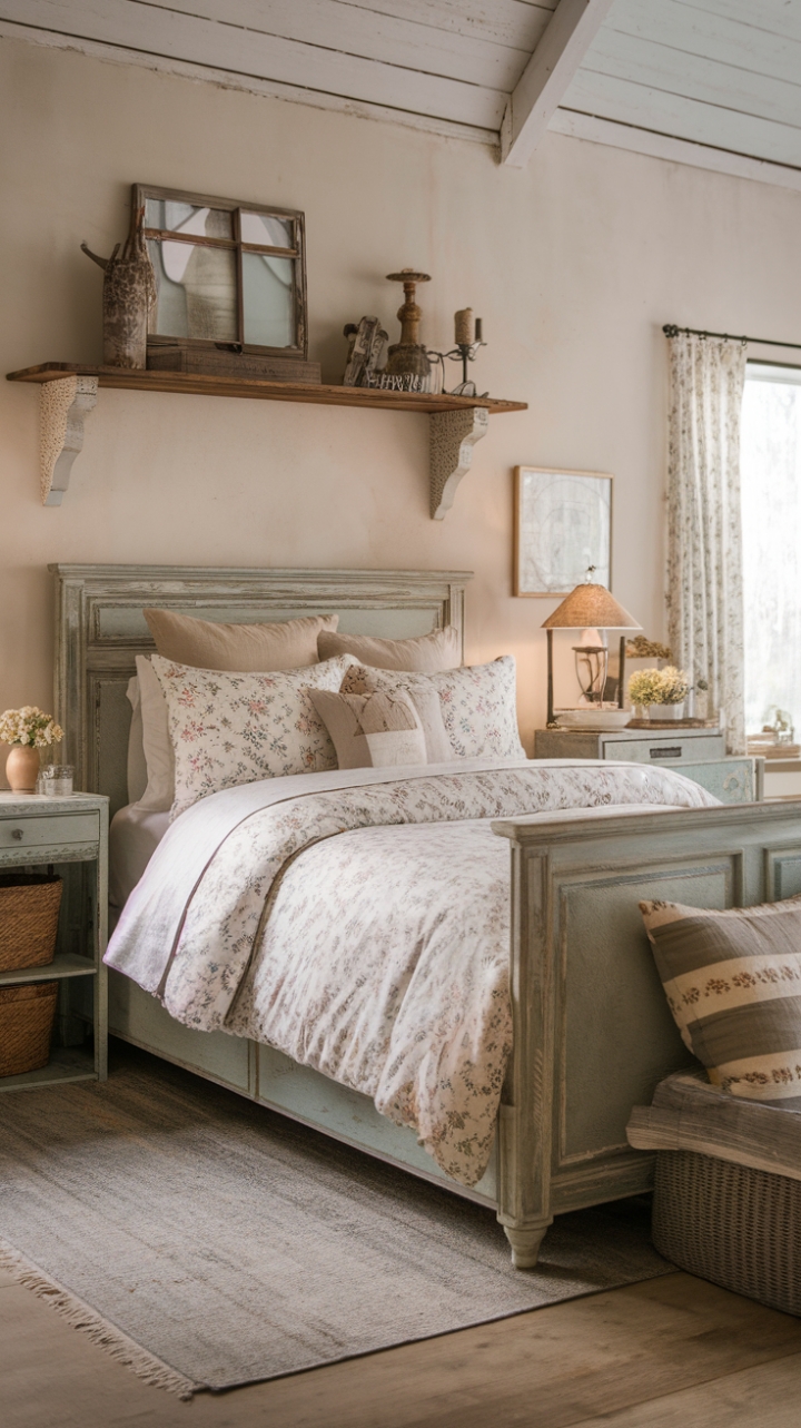 A charming vintage farmhouse bedroom exudes warmth and nostalgia, inviting you into a cozy retreat. The distressed wooden bed frame, dressed in a floral duvet and plush pillows, adds a touch of shabby chic elegance. A rustic nightstand with a softly glowing lamp complements the inviting ambiance, while a wooden shelf adorned with decorative accents above the bed enhances the room’s country-style charm. The textured rug beneath adds layers of comfort, completing this idyllic space filled with rustic character and timeless appeal.