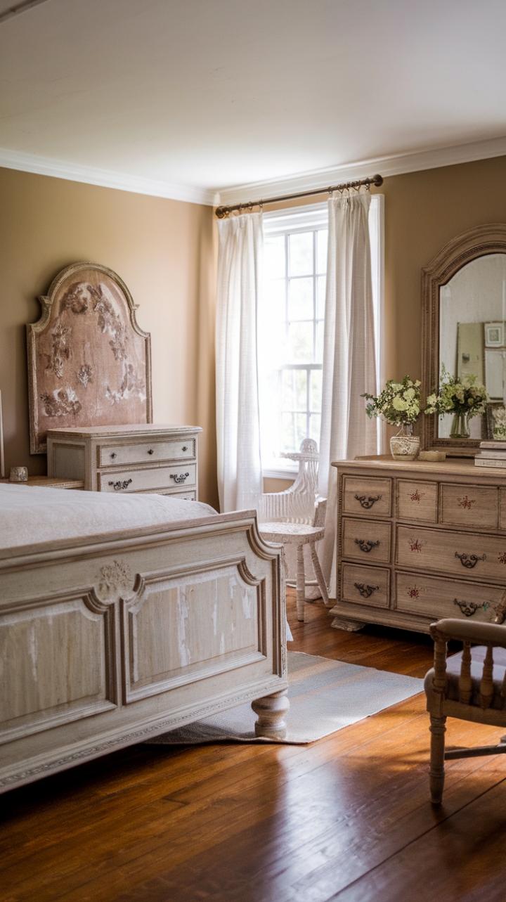 Escape to the countryside without leaving home in this idyllic vintage farmhouse bedroom. The plush mattress rests invitingly upon a beautifully carved, distressed wood bed frame, the centerpiece of a room brimming with shabby-chic charm. A vintage dresser with mirror, nightstand, and comfortable chair complete the cozy and inviting space, bathed in soft light filtering through crisp white curtains. Hardwood floors and neutral walls create a tranquil backdrop for this perfectly curated haven of rustic elegance.