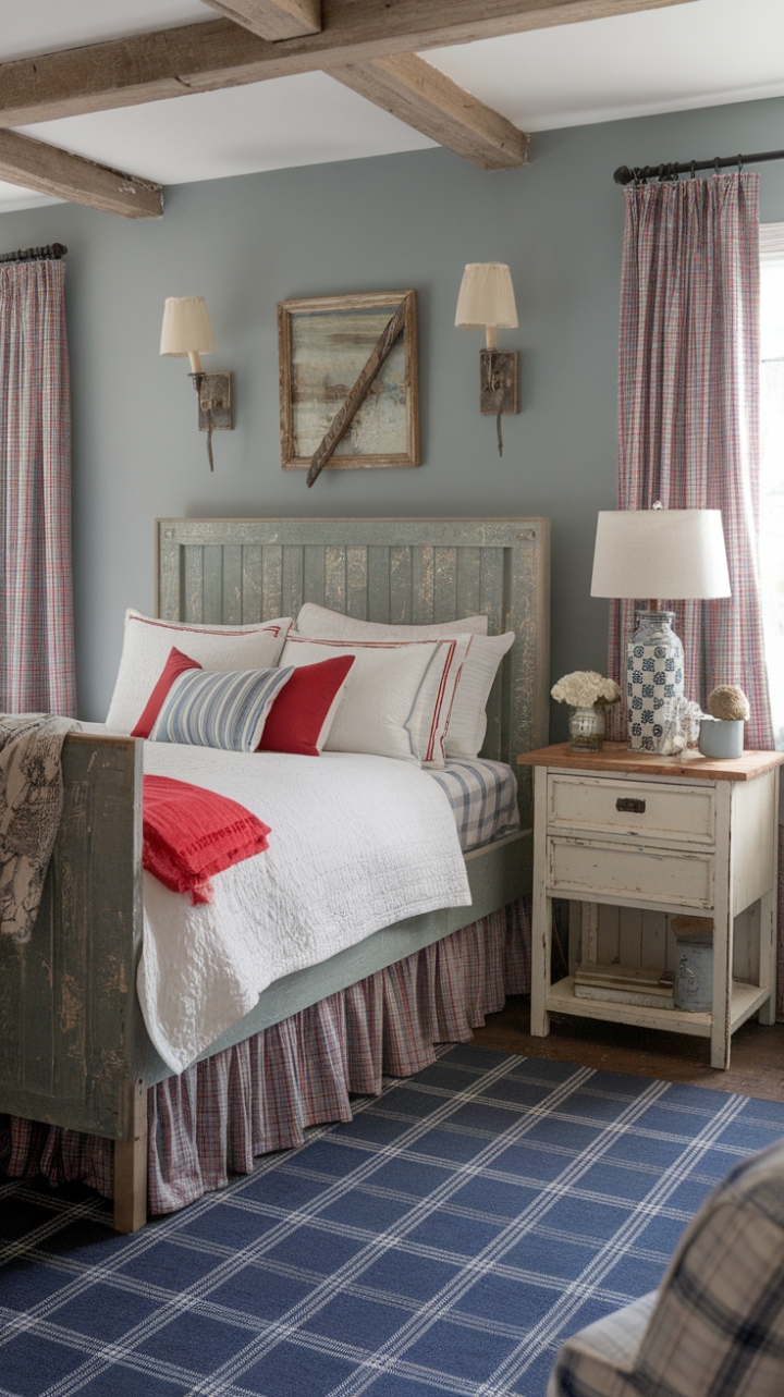 Step into this charming vintage farmhouse bedroom, where rustic charm and shabby chic elegance intertwine to create a cozy retreat. Soft light blue walls set a calming backdrop for distressed wood furnishings that exude timeless appeal. The inviting bed, dressed in classic farmhouse bedding with crisp white linens, red and white stripes, and a pop of vibrant red, beckons restful nights. A blue and white plaid rug anchors the space, adding warmth and pattern, while a white distressed nightstand with a vintage lamp offers both function and character. Vintage accents and rustic decor details weave a nostalgic ambiance, transforming this space into a warm, inviting sanctuary that celebrates country comfort with a touch of shabby chic sophistication.