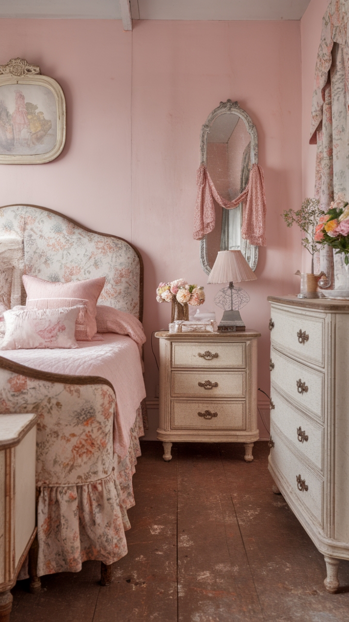 A charming shabby chic sanctuary bathed in soft pastel hues, this vintage bedroom exudes romantic rustic charm. The floral-patterned headboard and delicate antique accessories create a feminine retreat filled with nostalgic allure. Distressed furniture and a rustic wooden floor add layers of character, while vintage lamps and mirrors enhance the room’s timeless elegance. The gentle pink walls serve as a perfect backdrop for the intricate floral accents and antique touches, transforming the space into a cozy, whimsical haven that celebrates both history and femininity.