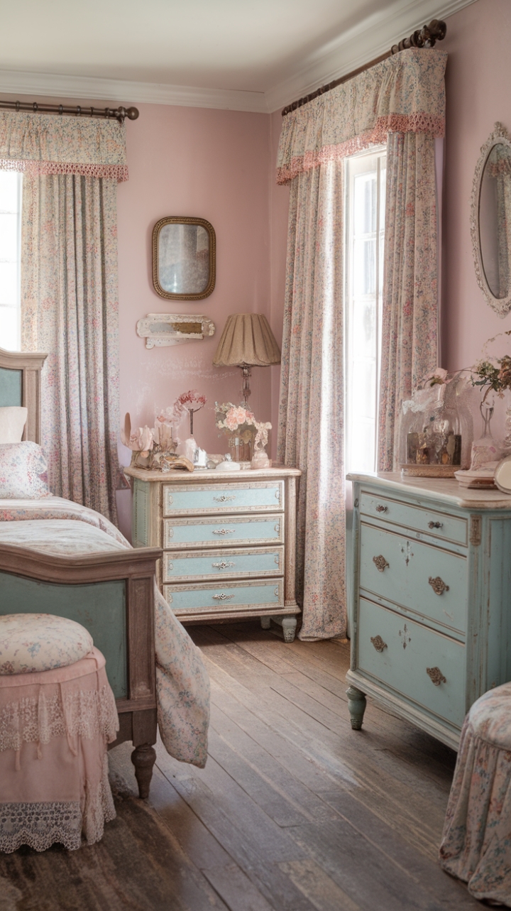 Dreaming of a bedroom that whispers stories of a bygone era? This enchanting space is a masterclass in shabby chic romance. Soft pastels and delicate florals create a serene sanctuary, where a beautifully distressed wooden bed frame invites you to linger. Every piece, from the charming dresser to the rustic nightstand, feels like a treasured find. Feminine touches abound, from the intricate lace pillow to the elegant vintage lamp, while framed artwork and a captivating mirror add layers of history to the walls. Beneath it all, reclaimed wood floors ground the room with a sense of timeless authenticity.