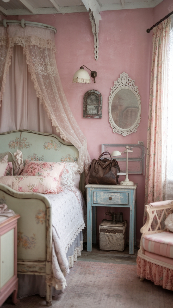 Escape to a dreamy bedroom where vintage finds meet modern comfort. Pastel hues and distressed furniture create a captivating shabby chic aesthetic. Floral details, antique mirrors, and a charming reclaimed wood nightstand add to the room's romantic charm. Every detail, from the lace curtains to the vintage bag resting on the floral bedspread, speaks to a curated style that's both timeless and utterly captivating.