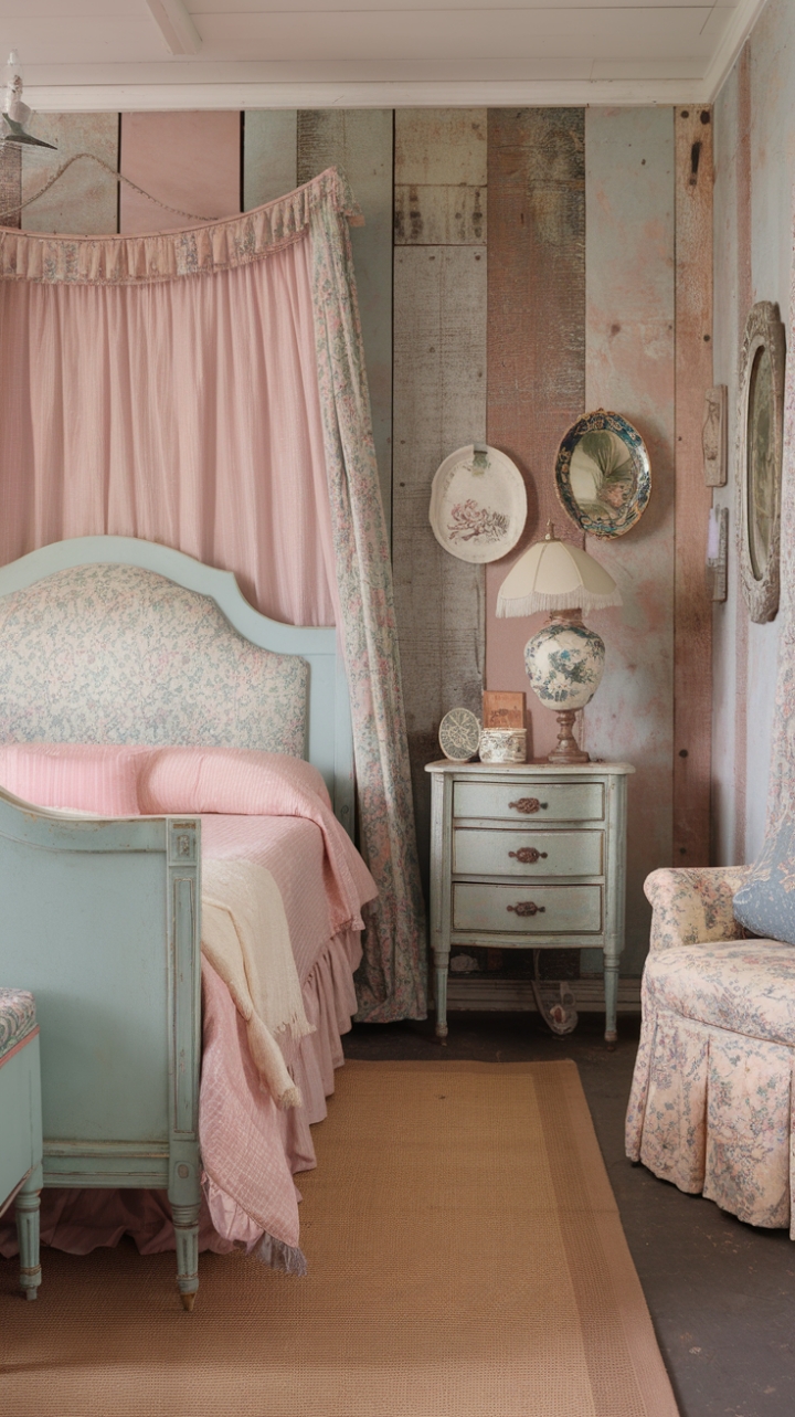 Step into a haven of vintage charm and feminine grace. This shabby chic bedroom, with its pastel blue bed, floral headboard, and reclaimed wood paneling, whispers tales of bygone eras. Distressed furniture and delicate accessories create a space that's both romantic and effortlessly stylish. The soft beige rug grounds the room, while the gentle pastel palette soothes the soul. Prepare to be captivated by this dreamy retreat.