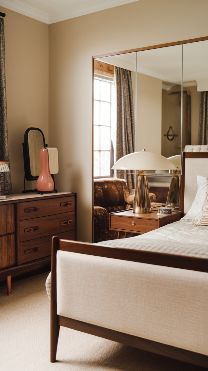 A captivating blend of nostalgia and modernity, this vintage-inspired bedroom exudes timeless charm. The rich, dark wood bed with its plush beige headboard anchors the space, complemented by a sleek mid-century modern dresser that adds a touch of sophistication. Antique accents, including a charming mirror and an elegant chair, infuse the room with character, while the vintage-style lamp casts a warm, inviting glow. Light beige walls serve as a serene backdrop, allowing the eclectic mix of furniture and nostalgic details to shine. This thoughtfully curated retreat invites relaxation and reflection, celebrating the enduring allure of retro design with a contemporary twist.