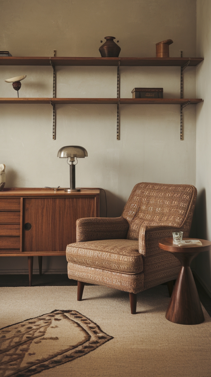 Ready to be transported to a bygone era? This modern vintage bedroom is a masterclass in curated nostalgia. Mid-century modern lines meet the soulful charm of antique finds, creating a space that feels both fresh and familiar. Sink into the embrace of that plush, patterned armchair – the perfect spot for losing yourself in a good book. A classic wooden side table, topped with a warm lamp, stands ready to hold your evening essentials. Beneath it all, a beige rug with a captivating pattern anchors the room, adding a touch of unexpected texture. Above, a simple wooden shelf displays cherished items, hinting at stories untold. This is a room that whispers of the past while living firmly in the present, a truly enchanting retreat.