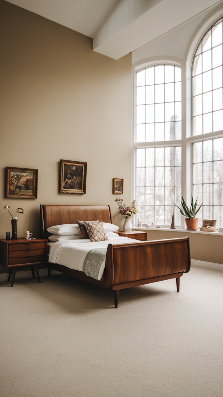 Imagine waking up in this exquisitely designed bedroom. The airy space, boasting high ceilings and expansive windows, is a testament to effortless style. A beautifully preserved mid-century modern bed takes center stage, complemented by carefully chosen nightstands and a soft, white carpet. The beige walls provide a neutral backdrop for pops of color and carefully curated artwork, resulting in a sophisticated and calming atmosphere.