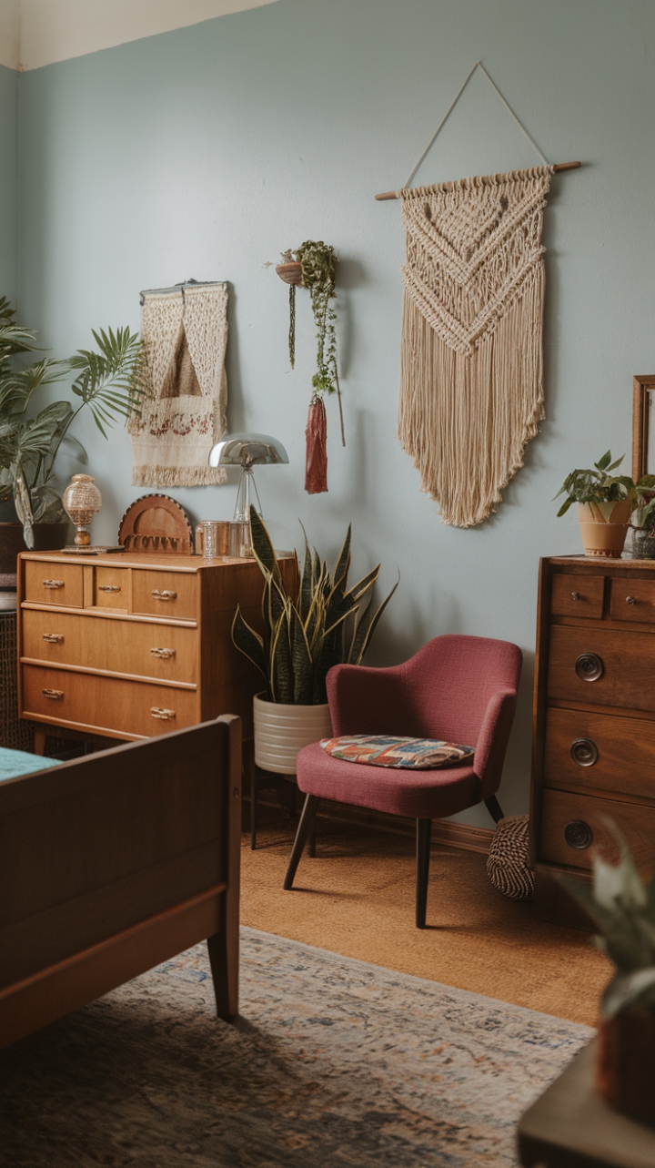 Immerse yourself in this boho-inspired retreat, where vintage finds and eclectic accessories come together in perfect harmony. The light blue walls set a serene tone, highlighting the unique mix of furniture—from the antique dresser to the retro chair—that exudes character. Decorative touches like the macrame wall hanging and vintage lamp infuse the room with handcrafted warmth, complemented by lush greenery in potted plants. The patterned rug ties the space together, making this bedroom a captivating haven of eclectic elegance and relaxed, vintage allure.