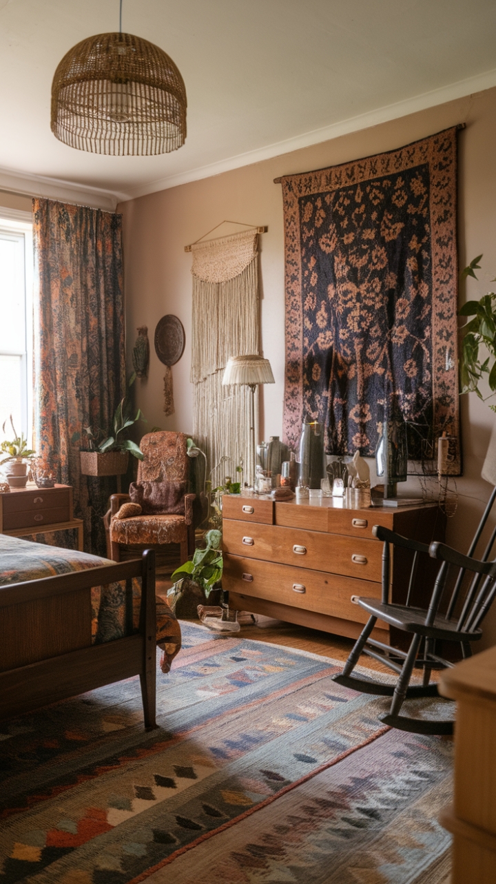 Step into a haven of bohemian bliss where vintage charm meets modern comfort. This eclectic bedroom, bathed in soft hues, boasts a curated collection of retro and antique furniture, from a rustic wooden bed frame to a whimsical rocking chair. A patterned rug anchors the space, while a floral wall hanging and lush greenery add pops of vibrant life. Every detail, from the unique lampshade to the ornate dresser, whispers a story of timeless style.
