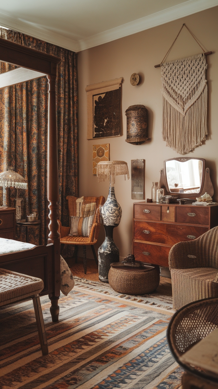 Step into a haven of bohemian bliss where vintage charm meets modern comfort. This eclectic bedroom, bathed in warm beige hues, boasts a captivating blend of retro and antique treasures. A wooden canopy bed, draped in patterned curtains, takes center stage, complemented by a vintage dresser with a mirrored reflection and a cozy wicker chair. Antique lamps, vases, and a striking macrame wall hanging add layers of texture and personality, all grounded by a richly patterned rug. It's a space that whispers stories of bygone eras while embracing the free-spirited energy of today.